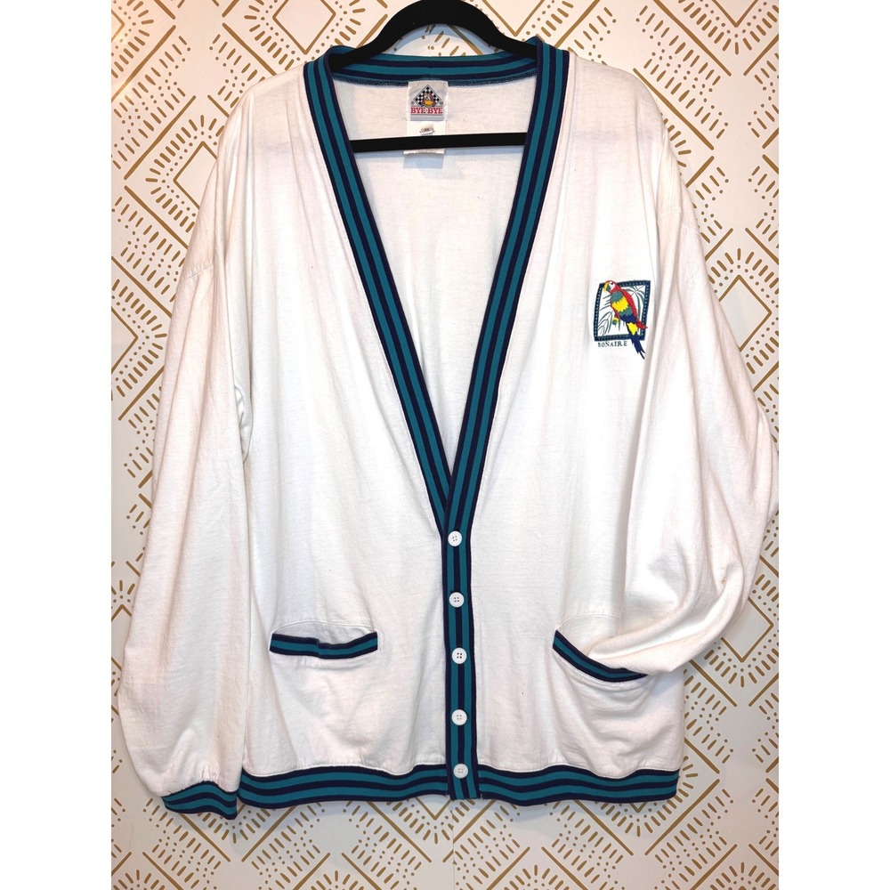 Vintage 90s Cardigan Size XL White‎ Bonaire Parrot Striped Cotton Preppy Resort